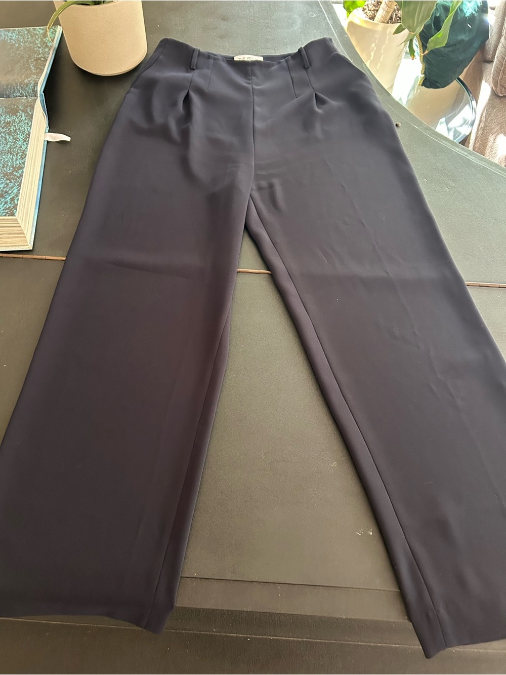 The Fold London Navy Blue Wide Leg Pleated Crepe Pants Trousers UK 14 US 10